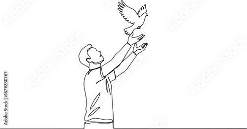 Single line drawing of a man releasing a dove embodying freedom