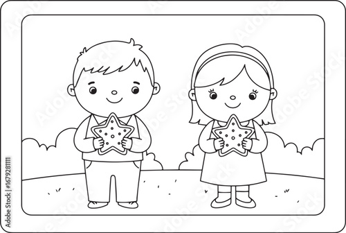 Charming coloring page featuring children joyfully holding star-