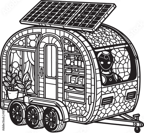 Eco-Friendly Campervan with Solar Panels and Robot Driver: Sustainable Travel Illustration