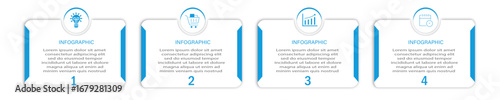 Business process timeline visualization with icon on circle | Infographic 4 steps white diagram with two side blue border business data representation | Vector illustration