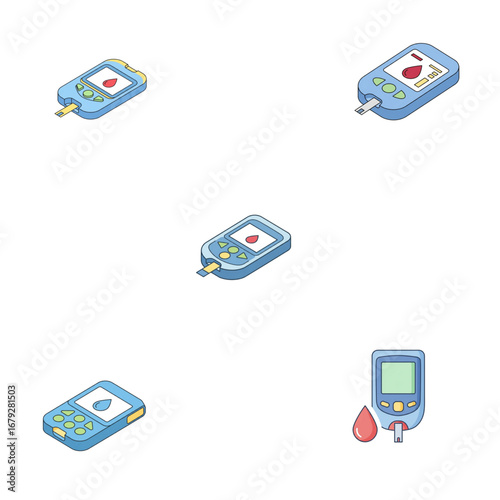 Blood glucose test strips and meters, collage of diabetic control tools.