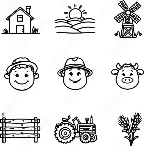 A collection of farm related icons including a house sun windmill farmers cow fence tractor and wheat