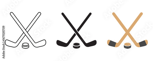 Crossed Hockey Sticks with Puck Icon Set Outline, Solid Black, and Colorful Vector Sports Symbols Ice, Hockey Logo, Team Sport Emblem, Equipment Illustration