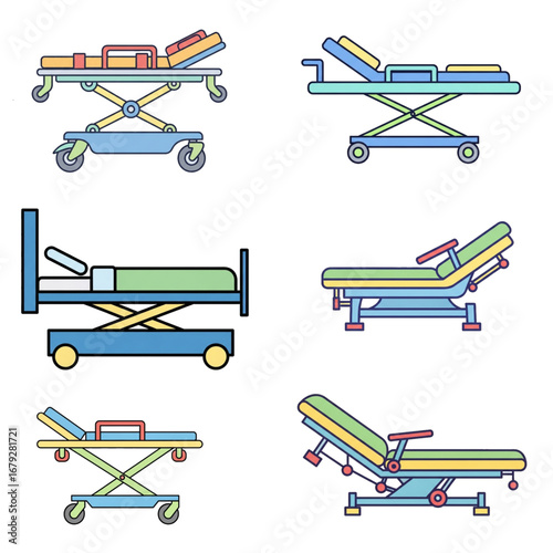 Hospital bed collage, medical stretchers and adjustable patient beds.