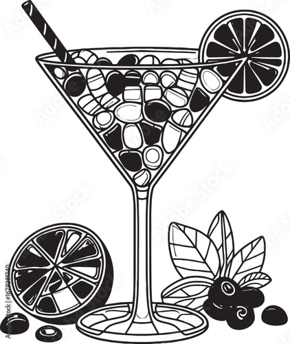 Elegant black and white illustration of a cocktail with fruits and a straw in a martini glass