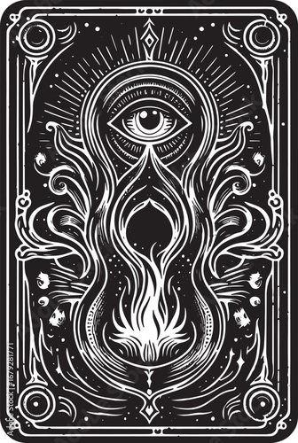 Mystical eye and flame design in a black and white ornate tarot card illustration
