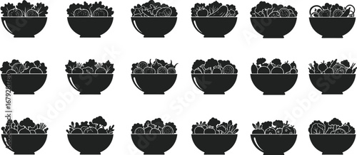 Black salad bowl silhouettes, healthy vegetable icons, fresh food illustration, nutrition concept, vegan meal design, culinary graphic, organic diet art, kitchen decor