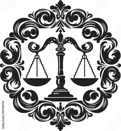 Elegant Black and White Justice Scales Icon within Ornate Decorative Frame Design
