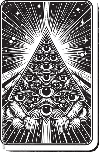 Mystical All-Seeing Eye Pyramid Illustration with Celestial Rays and Geometric Design