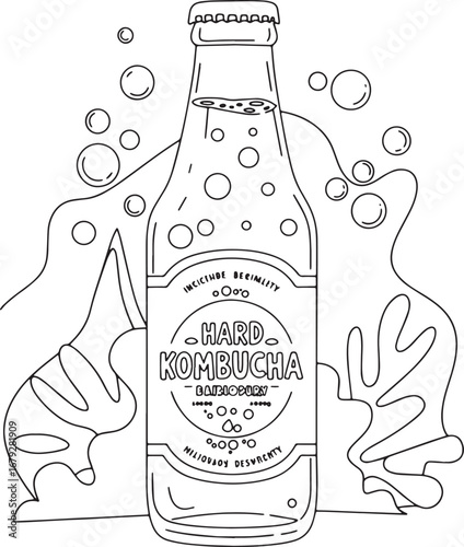 Line Art Illustration of a Bottle of Hard Kombucha surrounded by