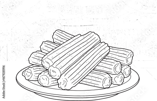 Whimsical churro market scene coloring page for festive culinary