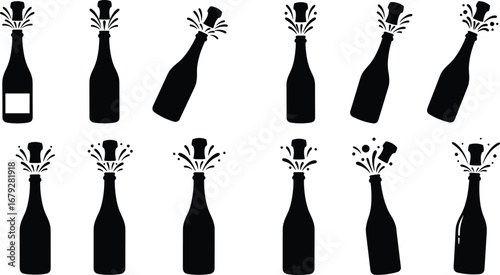 Black silhouette champagne bottle icons, popping cork vector illustrations, sparkling wine clipart set, festive celebration drink graphics, party toast beverage design elements