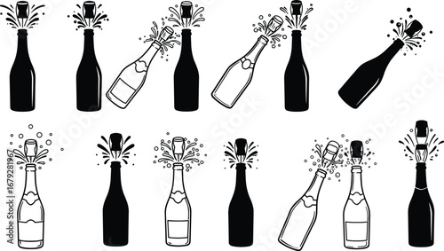 Black and white champagne bottle icons, popping cork illustrations, sparkling wine vector set, celebration drink clipart, festive beverage graphic design elements