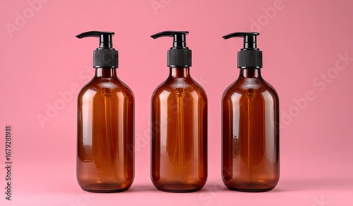 Three amber glass bottles with black pump dispensers against a pink background (1)