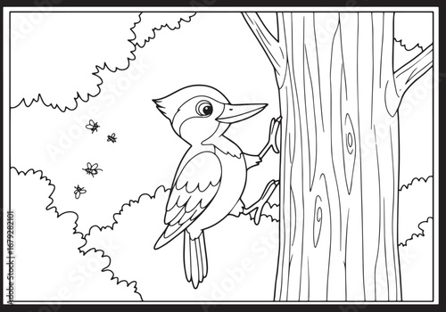 Cute Cartoon Woodpecker on Tree Trunk Black White Line Art for C