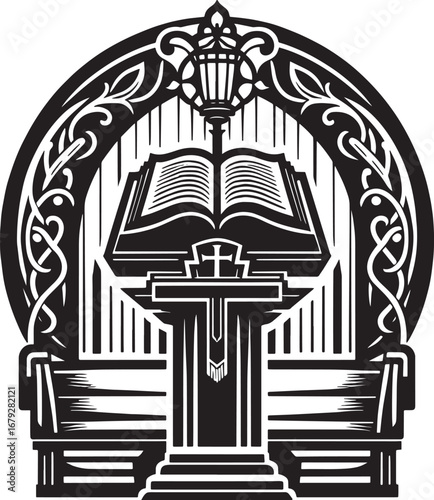 Black and white illustration of a church interior with an open bible on a pulpit