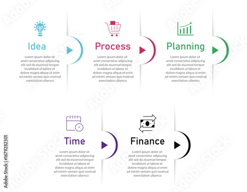 Business data visualization on white geometric shape with icon | Two row Infographic business process diagram with 5 steps or options arrow indicator and half circle | Vector illustration 