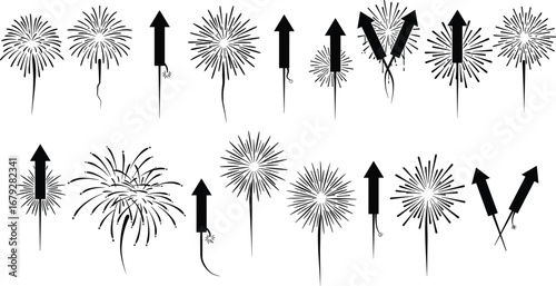 Firework silhouette icons, rocket fireworks, pyrotechnics display, celebration symbols, festive party design, black vector illustration, holiday event graphics,