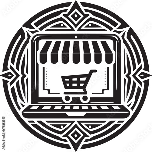Ecommerce Symbol with Laptop and Shopping Cart Inside an Ornate Circular Design