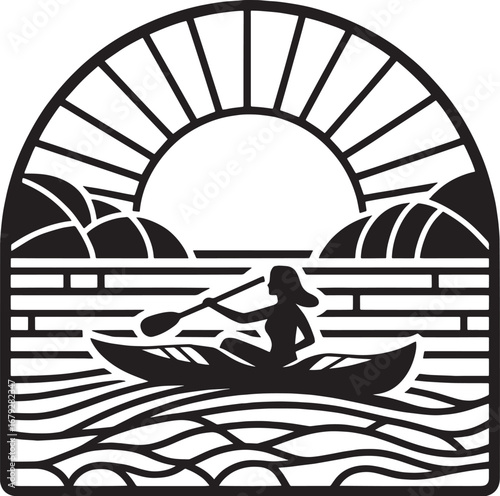 Silhouette of a Person Kayaking on a Lake at Sunset in a Graphic Illustration Design