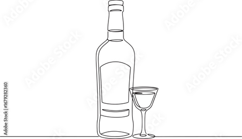 Continuous line drawing of vodka bottle and glass, minimalist al