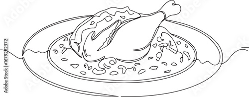 Angolan Moamba chicken continuous line drawing on plate deliciou