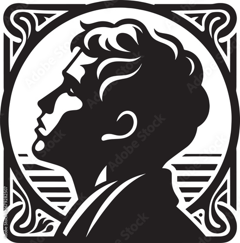 Artistic Silhouette of a Man's Profile with Decorative Frame in Black and White Design