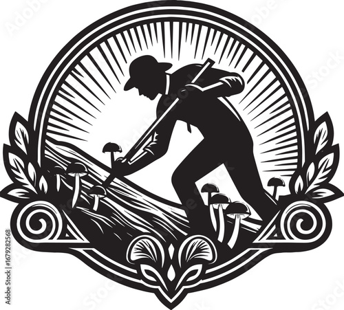 Illustration of a person harvesting mushrooms in a detailed black and white circular frame