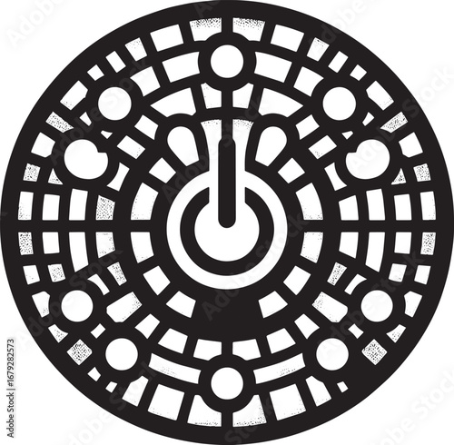 Artistic Black and White Illustration of a Manhole Cover with Power Button Design