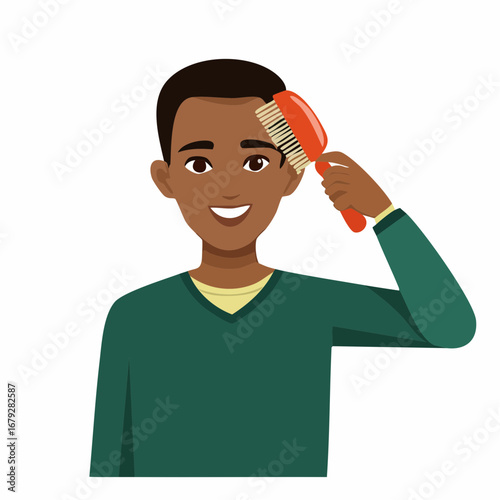 Smiling young man using a hairbrush for his morning routine, a concept of personal grooming, hygiene, and self-care on a white background