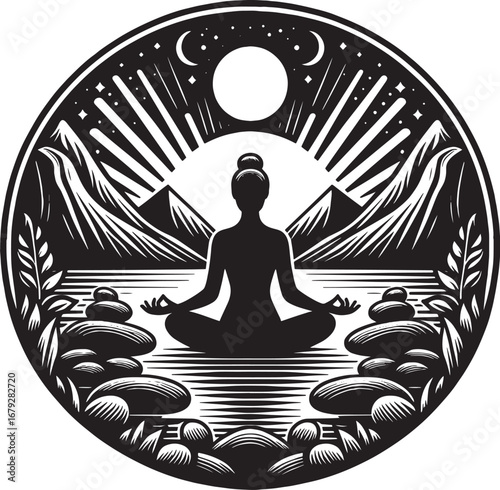 Meditative Silhouette in a Serene Landscape: Yoga and Mindfulness Iconography Design