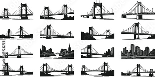 Hand-drawn suspension bridge illustrations, city skyline, urban architecture, iconic bridges, vector design, river crossings, cityscape, infrastructure
