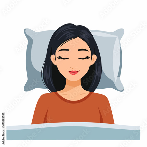 Vector illustration of a beautiful young woman sleeping peacefully in bed, resting her head on a soft pillow for a good night's sleep