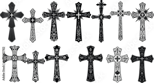 Ornate cross designs, decorative Christian symbols, gothic style, religious iconography, black and white vector, floral patterns, sacred art, faith, spirituality illustration