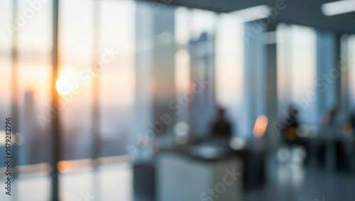 Wallpaper Mural Blurred office interior with large windows and city view during sunset, glowing highlights and warm reflections creating a serene productive corporate mood. Torontodigital.ca