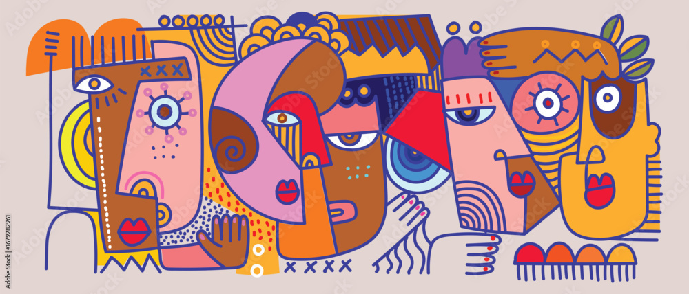 Fototapeta premium Face portrait abstraction doodle. geometric and shapes wall art vector illustration design. Abstract woman, man silhouette cubism.