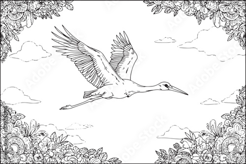 Detailed line art illustration of a stork flying in the sky with
