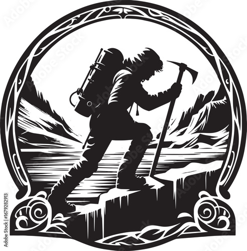 Black and white illustration of a climber in a circular frame ascending a mountain peak