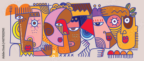 Face portrait abstraction doodle. geometric and shapes wall art vector illustration design. Abstract woman, man silhouette cubism.