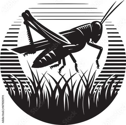 Black and White Illustration of a Grasshopper Silhouette in a Circular Design with Grass Details