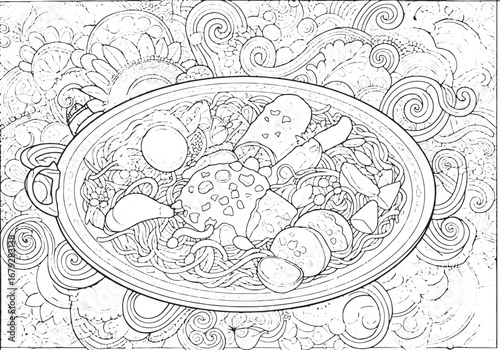 Exquisite coloring page featuring intricate pattern with dish an