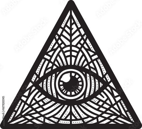 Intricate Black and White Illustration of the All-Seeing Eye within a Triangular Frame