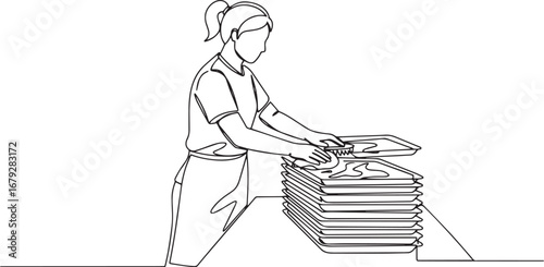 Woman diligently scrubbing kitchen trays, continuous line drawin