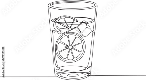 Single line drawing of a refreshing lemon detox water in a glass