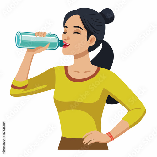 Healthy lifestyle concept with a young brunette woman drinking clear mineral water from a bottle to quench her thirst and stay hydrated