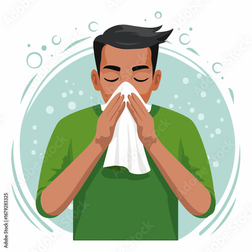 Vector illustration of a sick woman with a cold or flu, sneezing into a tissue. Concept of seasonal allergies, respiratory illness, and spreading germs