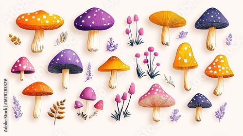 Vector Flat Purple Mushroom Sticker Set - Pastel Clipart Style, White Background & Border, Die-Cut Sticker Sheet Layout