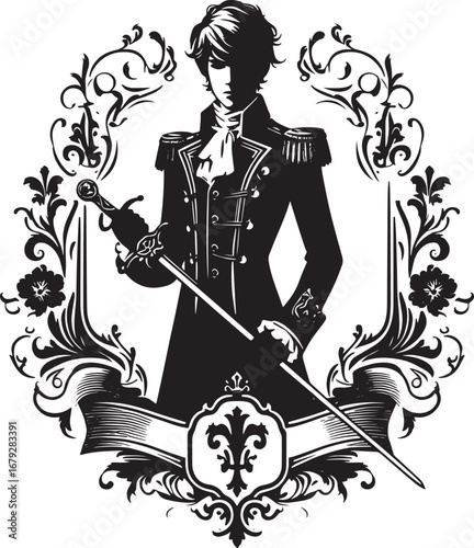Elegant Silhouette of a Regal Figure Holding a Sword within an Ornate Decorative Frame