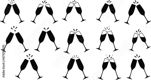 Champagne glasses clinking silhouette, black celebration icon set, festive toast illustration, party drink graphic, wedding anniversary symbol,