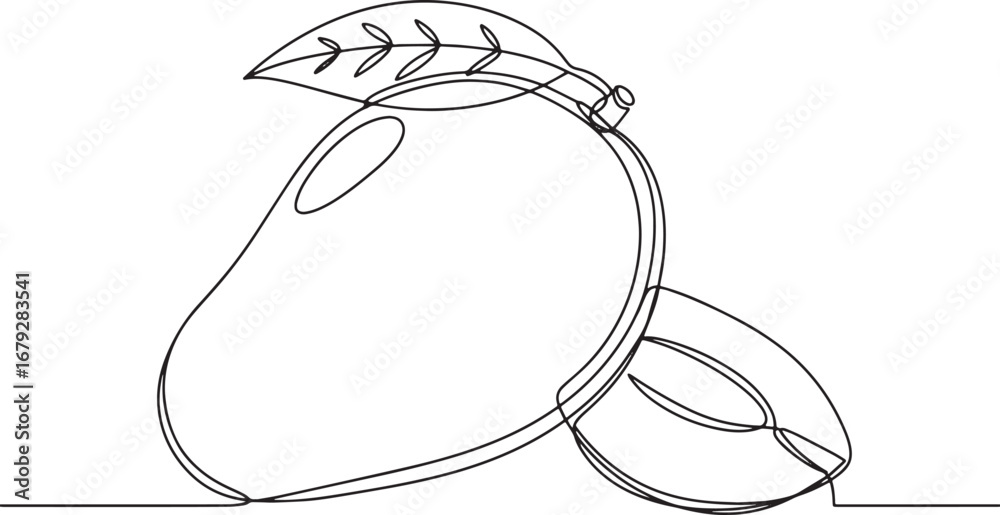 Obraz premium Elegant One-Line Drawing of Mango and Slice, Fresh Fruit Illustr